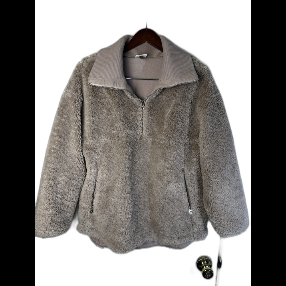 Varley Stratton Sherpa Pullover Jacket Women Large 1/4 Zip Taupe Brown